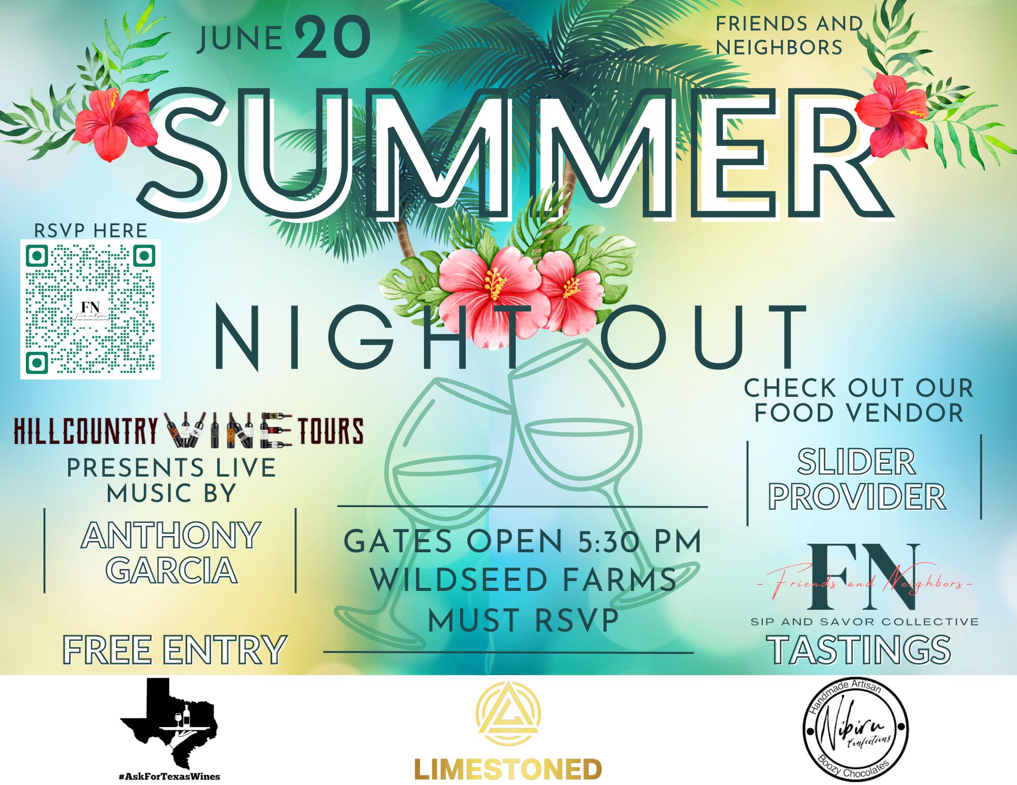 June 20th 2024 June 20th 2024 Gates OPEN @ 5:30pm Wildseed Farms Everyone is Welcome, Must RSVP RSVP LINK:https://www.wildseedfarms.com/product/friends-n-neighbors/